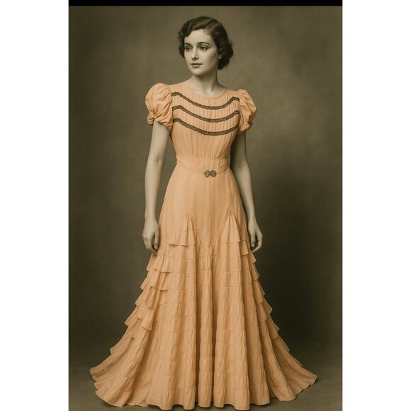 Antique 30's Peach Taffeta Satin Beaded Ruffled Dress AS IS TLC Size XS/S - Picture 8 of 16